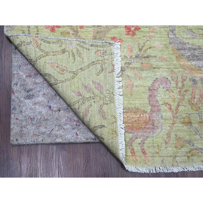 8'10"X12'3" Green Afghan Peshawar Birds Design Hand Knotted Soft Wool Rug