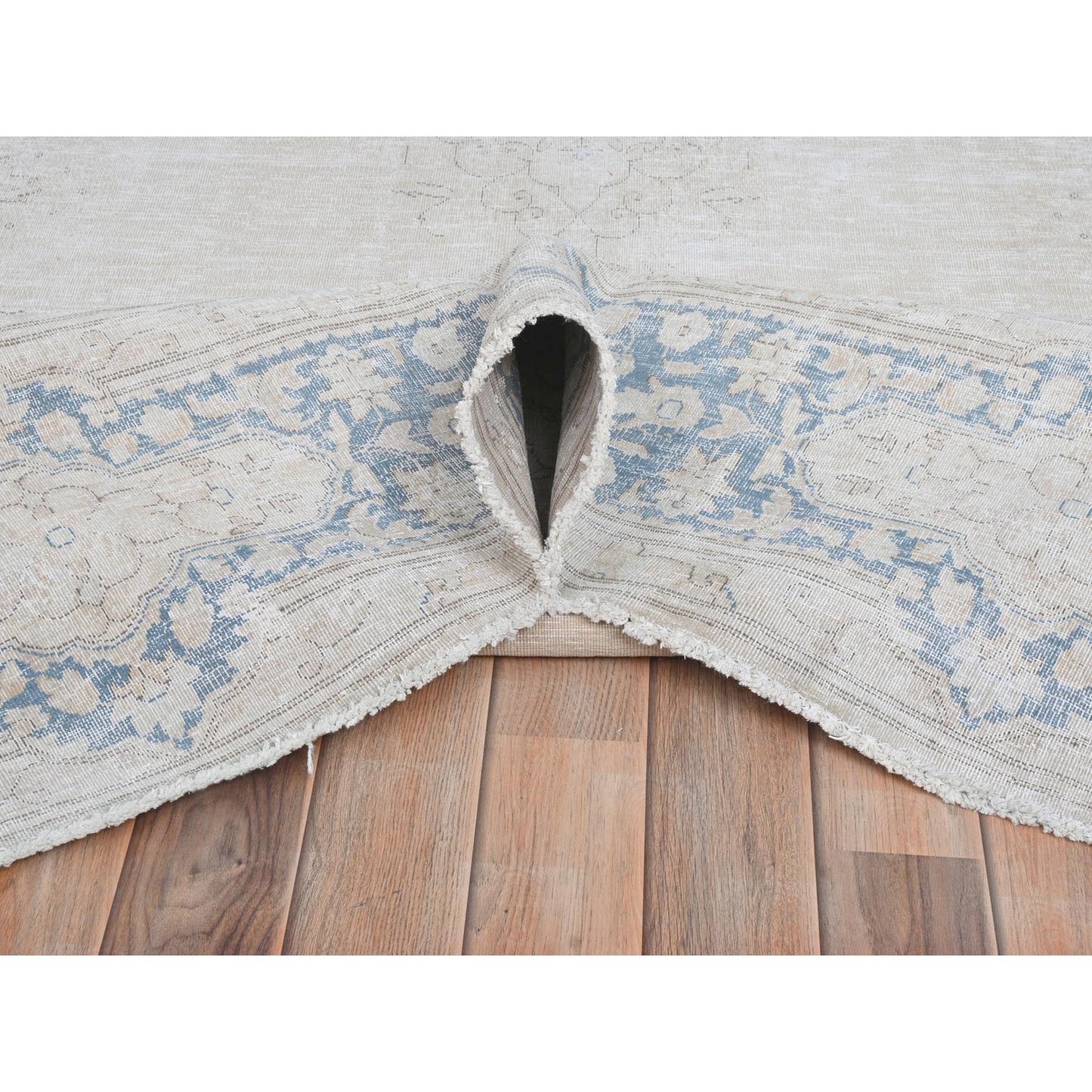 7'X10' Ivory Hand Knotted Vintage Farsian Karman Worn Wool Rug