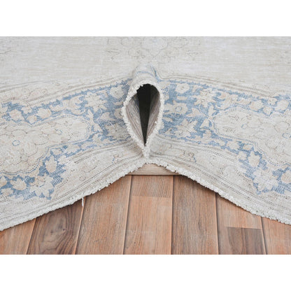 7'X10' Ivory Hand Knotted Vintage Farsian Karman Worn Wool Rug