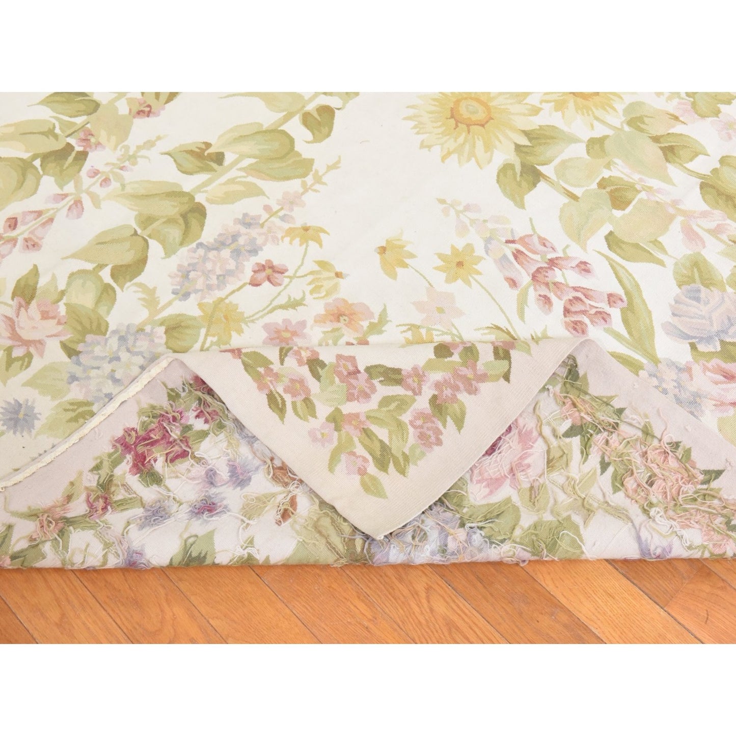 8'x10'2" Ivory Aubusson Botanical Pattern Flat Weave Hand Woven Wool Rug