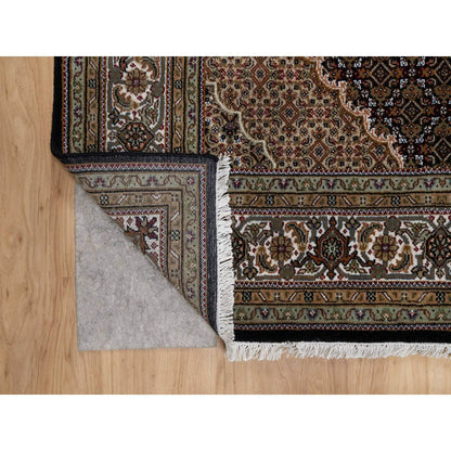 6'X9'1" Black Tebraz Mahi With Medallion Design Hand Knotted Wool Rug