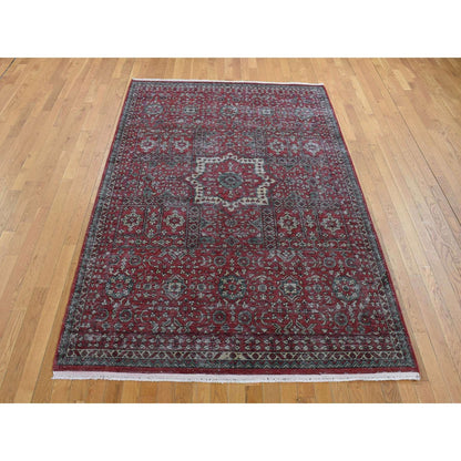 6'1"X9' Vermilion Red, Vintage Look Mamluk, Worn Wool Hand Knotted Rug