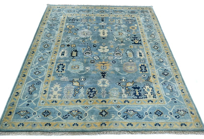 Blue Kazak Oushak Handmade Rug 4X5 Ft Floral
