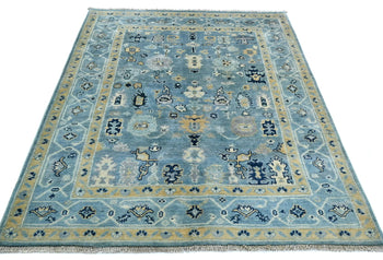 Blue Kazak Oushak Handmade Rug 4X5 Ft Floral