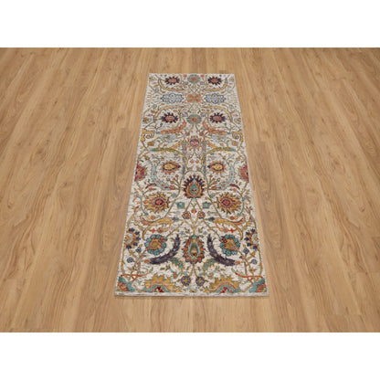 2'5"X6' Ivory Runner Rug Silk With Textured Wool Leaf Design Hand Knotted