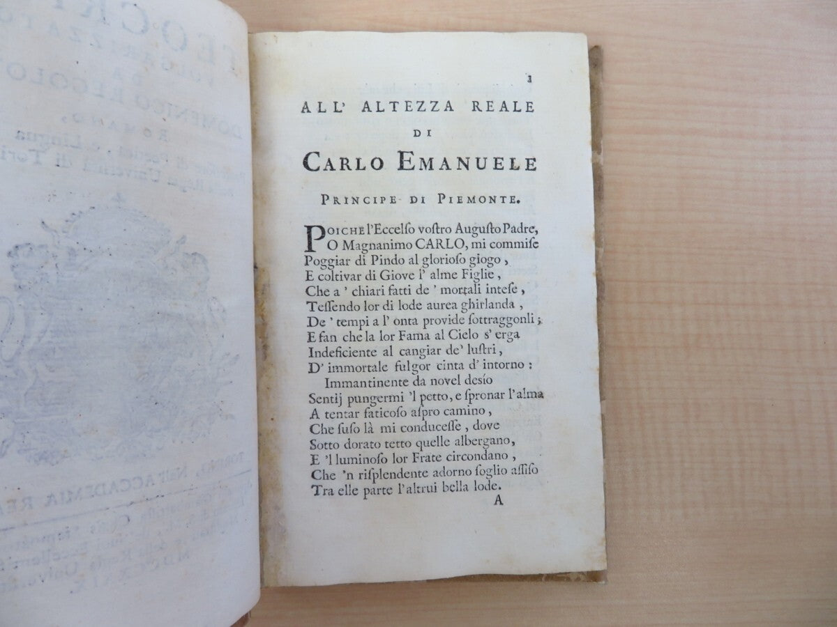 Theocritus  - Teocrito Volgarizzato Da Domenico Regolotti  1729 First Edition