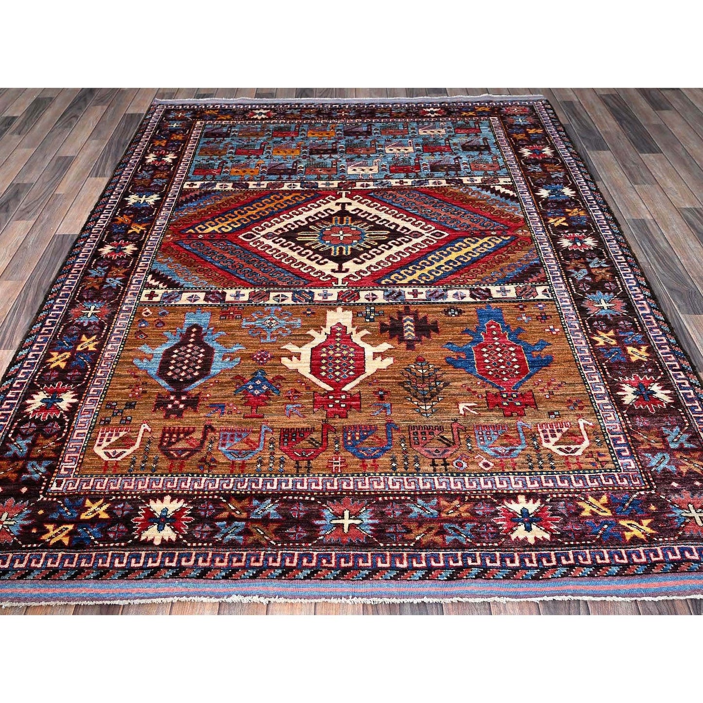 6'2"X7'7" Colorful Afghan Caucasian Design Revival Hand Knotted Wool Rug