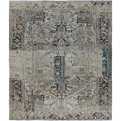8'X9'4" Gray Vintage Zoroastrian Heris Pure Wool Hand Knotted Squarish Rug