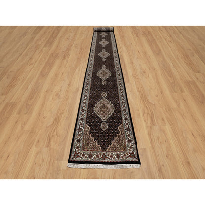 2'8"X20'1" Rich Black Tebraz Mahi Pure Wool Hand Knotted Xl Runner Rug