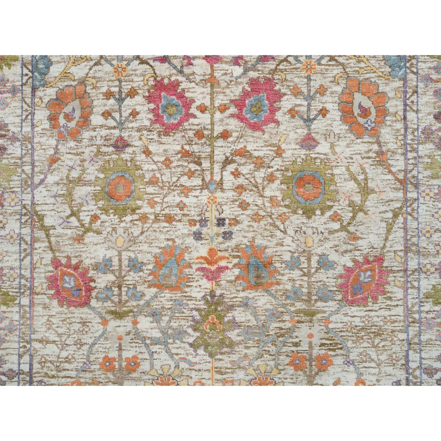 4'3"X10' Taupe Directional Vase Design Silk/Wool Hand Knotted Runner Rug