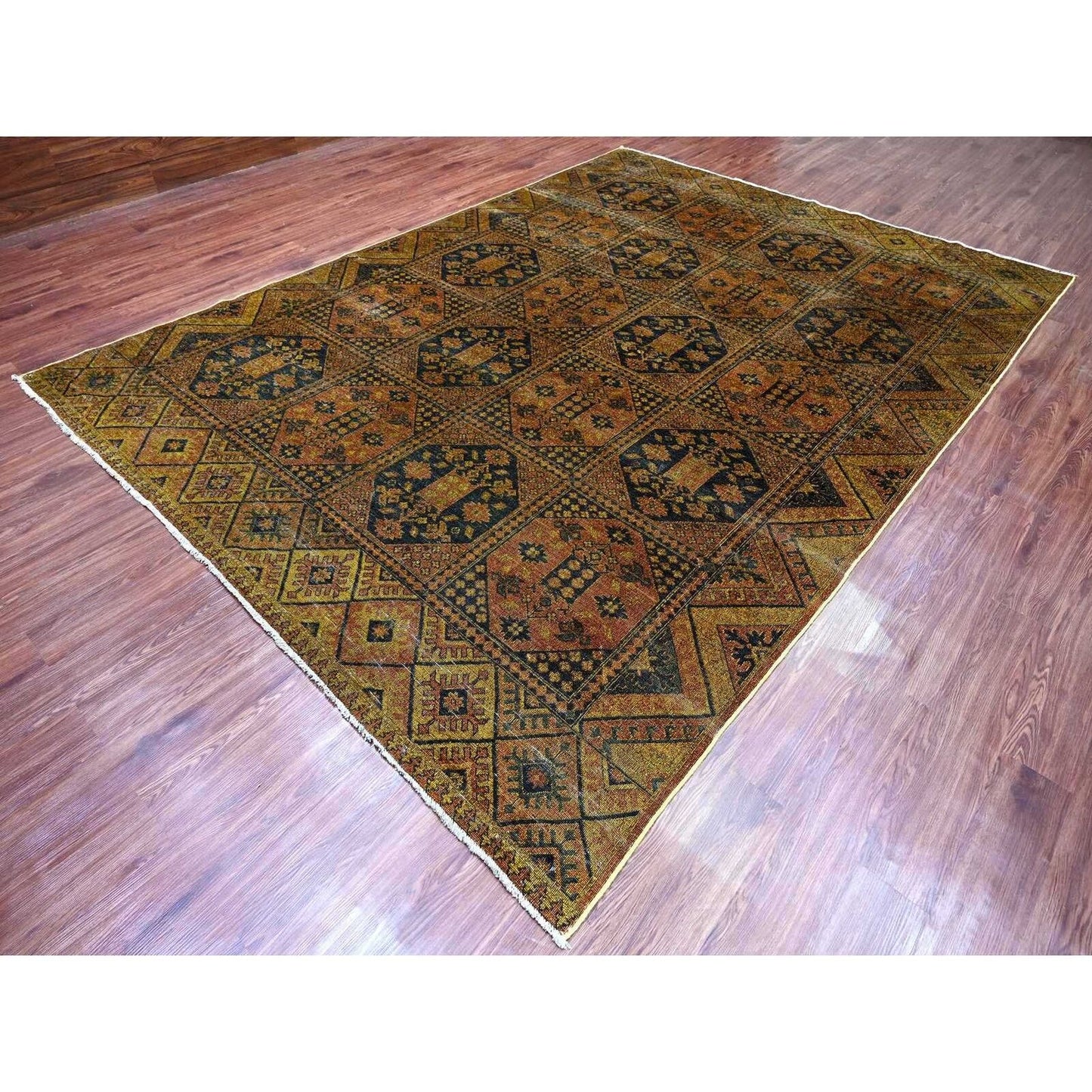 8'10"X12'2" Brown Overdyed Afghan Block Design Hand Knotted Pure Wool Rug