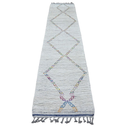 2'4"X10'7" White Geometric Moroccan Weave Wool Hand Knotted Runner Rug