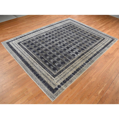 9'X12' Owl Gray Distressed Silk Repetitive Design Hand Knotted Rug