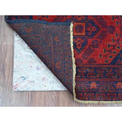 2'7"X6'5" Red Soft Wool Andkhoy Geometric Design Hand Knotted Runner Rug