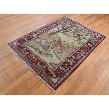 4'7"X6'7" White Antique Kishoon Design Hand Knotted Pure Wool Rug
