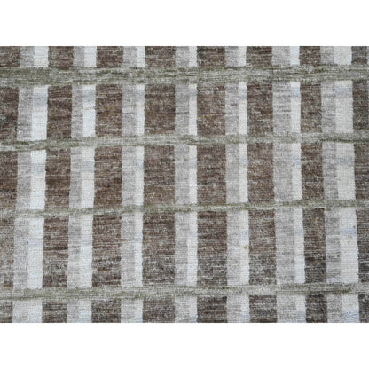 8'X9'9" Brown Bauhaus Inspired Line Design Hand Knotted Soft Wool Rug