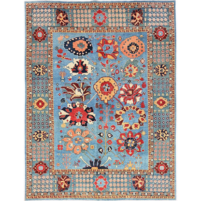 8'X10'4" Blue Wool Rug Afghan Peshawar Heris All Over Design Hand Knotted