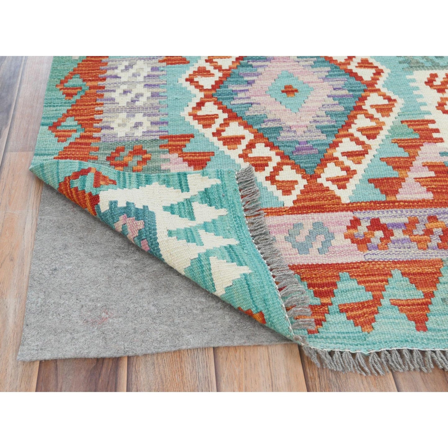 2'8"X15'5" Colorful Afghan Kilim Geometric Hand Woven Pure Wool Runner