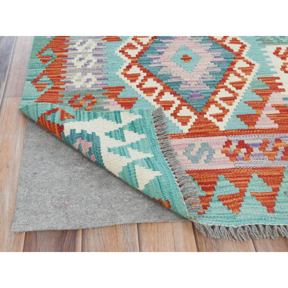 2'8"X15'5" Colorful Afghan Kilim Geometric Hand Woven Pure Wool Runner