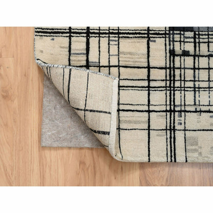 8'2"X9'9" Black Modern Lines Design Ghazni Wool Hand Knotted Rug