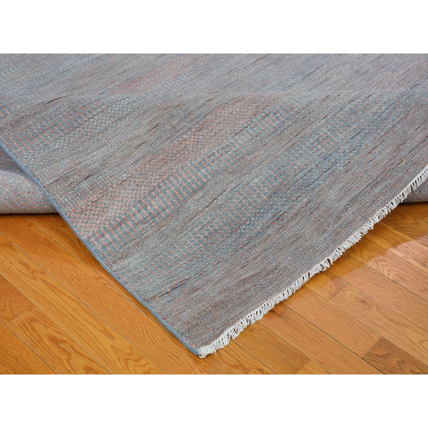 10'X14'2" Blue With Touches Of Peach Grass Design Wool&Silk Hand Made Rug
