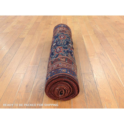 3'4"X16'3" Navy Blue Antique Zoroastrian Rug Pure Wool Hand Knotted Runner