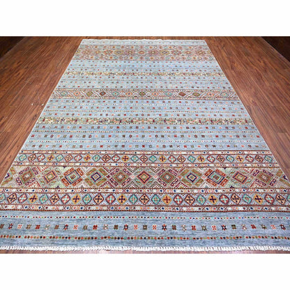 8'2"X11'10" Blue Gray Super Kazak Khorjin Design Hand Knotted Wool Rug