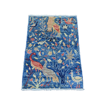 2'X3' Blue Afghan Peshawar Birds Design Hand Knotted Soft Wool Mat Rug