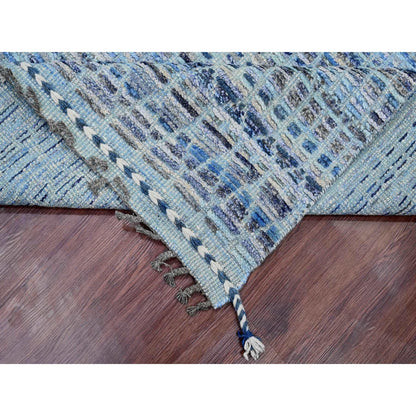 8'1"X10'8" Blue With Gray Moroccan Weave Hand Knotted Soft Wool Rug