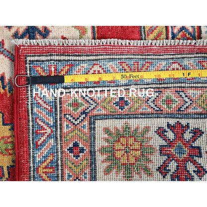4'10"X7' Red Kazak With Geometric Medallions Design Hand Knotted Wool Rug