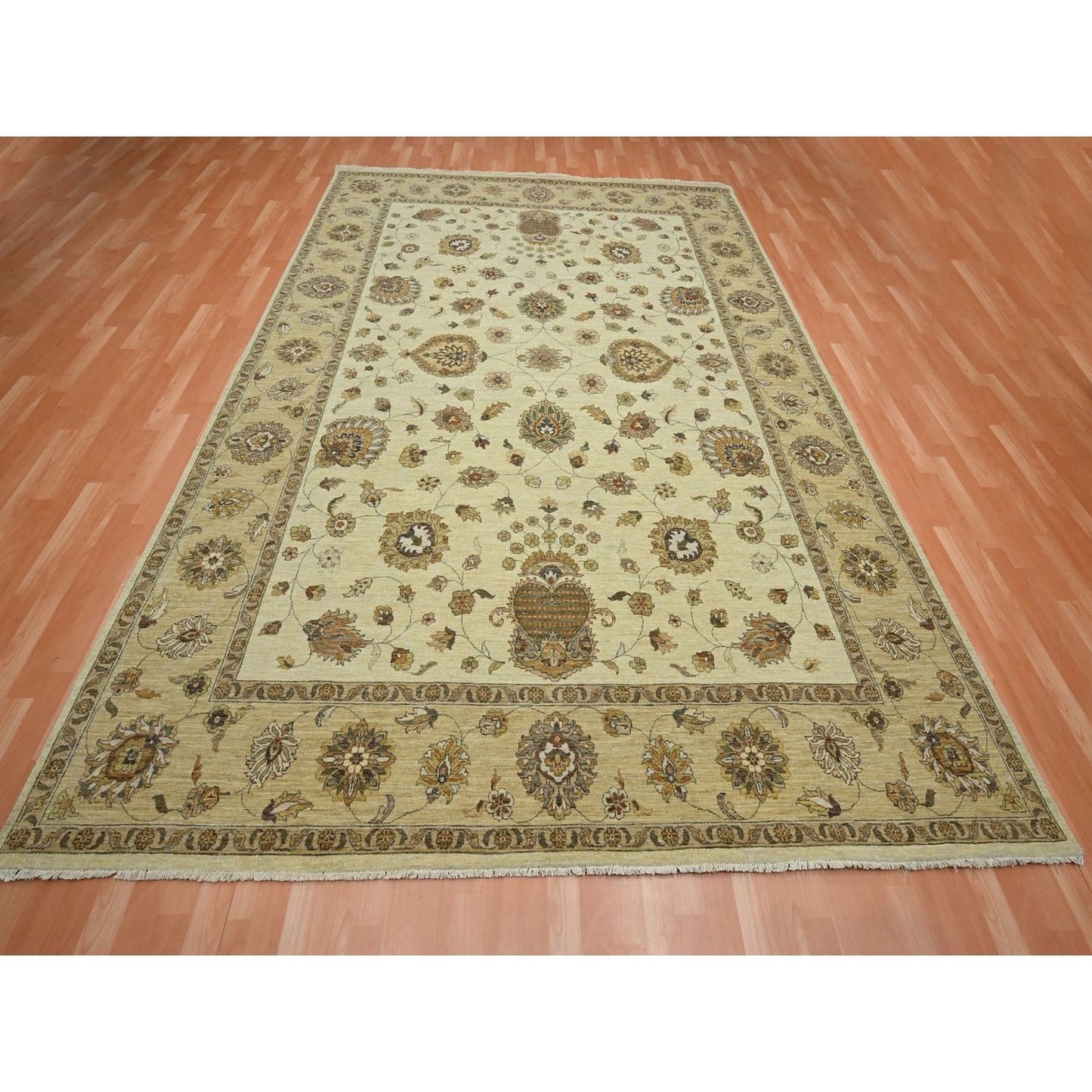8'3"X11'6" Ivory Hand Knotted Agra Ziegler Design Leaf Pattern Wool Rug