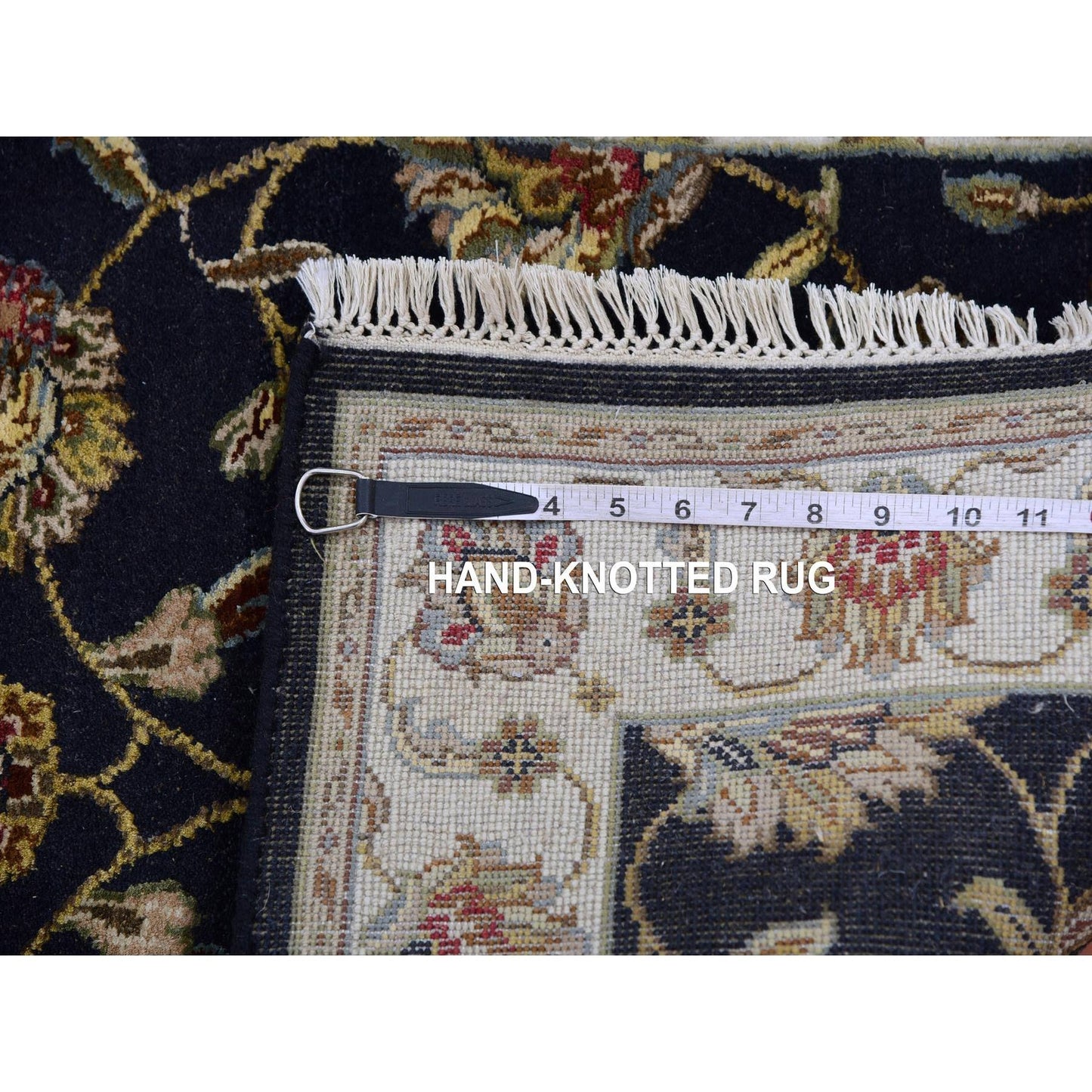 2'6"X10' Oyster Black Rajasthan Design Wool Silk Hand Knotted Runner Rug