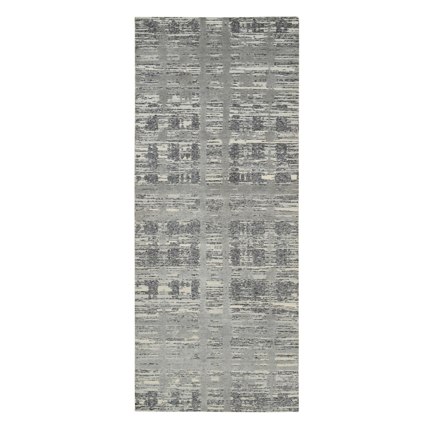 4'2"X10'1" Gray Hand Spun Undyed Naturalwool Hand Knotted Wide Runner Rug
