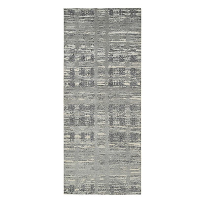 4'2"X10'1" Gray Hand Spun Undyed Naturalwool Hand Knotted Wide Runner Rug