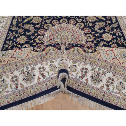 9'X12'2" Midnight Blue Nain Flower Design Wool And Silk Hand Knotted Rug