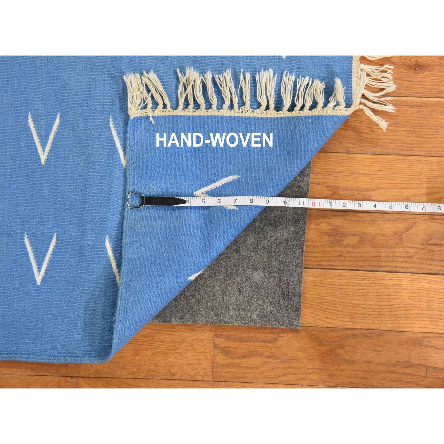 Modern 4'3"x6'6" Blue Vintage Durrie Kilim Pure Wool Hand Woven Rug with