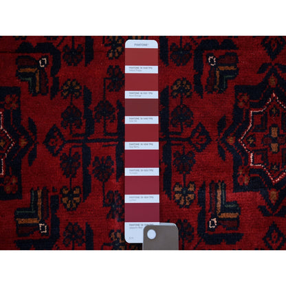4'4"X6'3" Deep Red Afghan Khamyab Shiny Wool Hand Knotted Rug