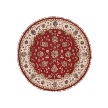 6'X6' Red Rajasthan All Over Pattern Hand Knotted Wool Silk Round Rug