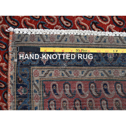 4'1"X6'7" Red Vintage Distressed Senneh Hand Knotted Wide Runner Rug