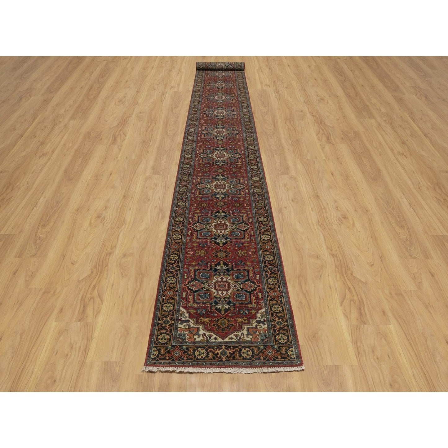 2'7"X20'4" Red Hand Knotted Wool Runner Rug Antiqued Fine Heris Revival