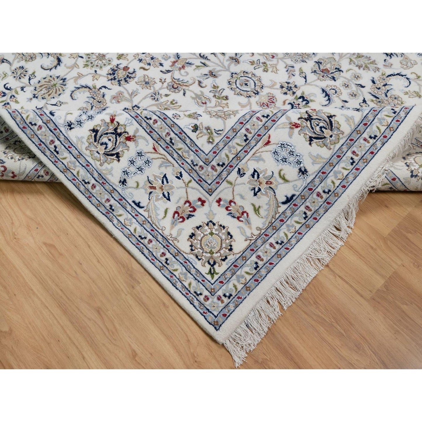 7'10"X10'3" Ivory Nain With Flower Pattern Wool And Silk Hand Knotted Rug