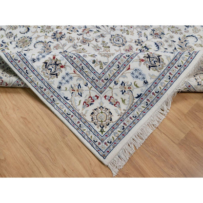 7'10"X10'3" Ivory Nain With Flower Pattern Wool And Silk Hand Knotted Rug