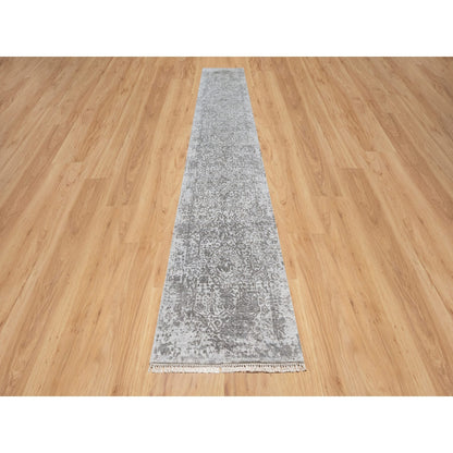 2'7"X16' Gray Zoroastrian Design Hand Knotted Wool And Silk Runner Rug