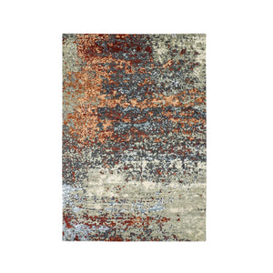 Rug 4'x6'2" Gray with Orange Abstract Design Pure Wool Hand Knotted