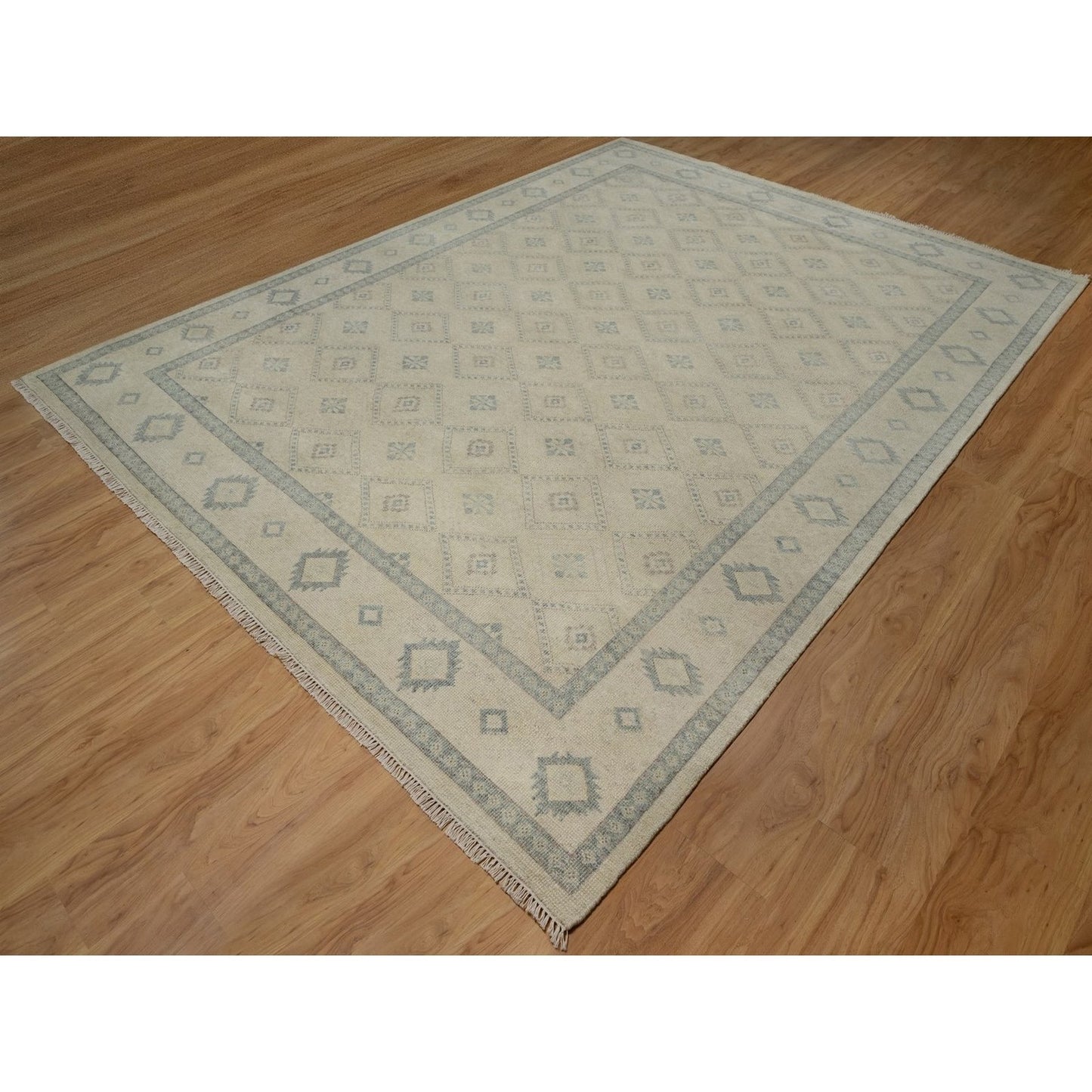 9'X12' Ivory Zero Pile Box Design Tribal With Motifhand Knotted Wool Rug
