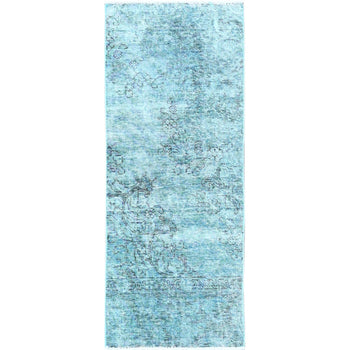 2'X5' Aqua Green Overdyed Vintage Zoroastrian Hand Knotted Wool Runner Rug