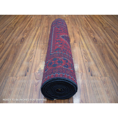 2'10"X12'6" Deep Red Soft Wool Hand Knotted Afghan Khamyab Runner Rug