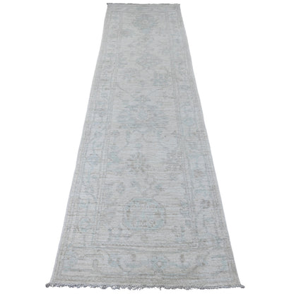 2'8"X9'8" White Hand Knotted Angora Oushak Leaf Design Wool Runner Rug