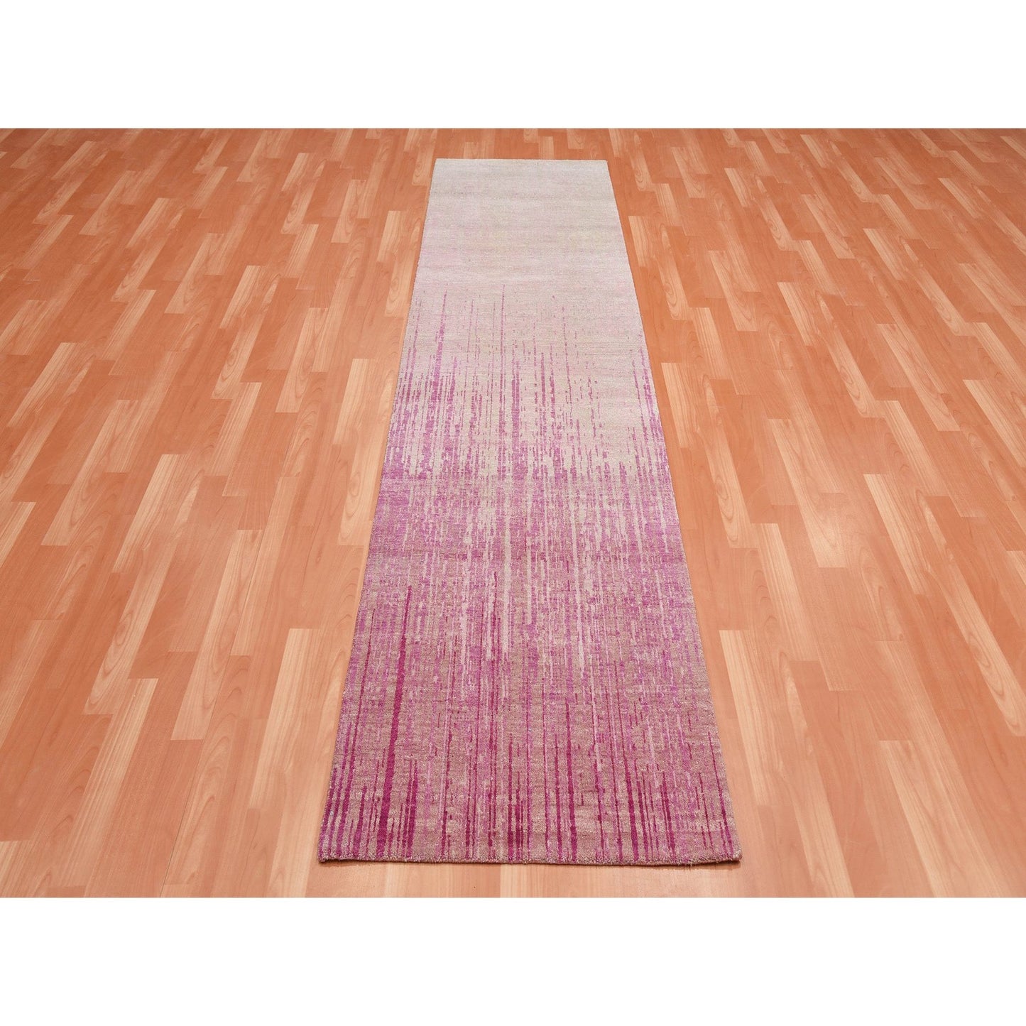 2'7"X10' Pink Hand Knotted Vertical Ombre Design Natural Wool Runner Rug