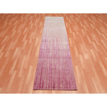 2'7"X10' Pink Hand Knotted Vertical Ombre Design Natural Wool Runner Rug
